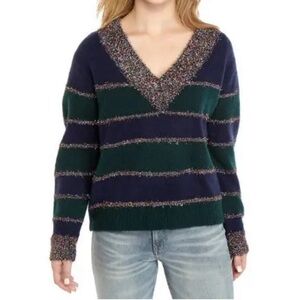 Women's Navy and Green Striped Sweater